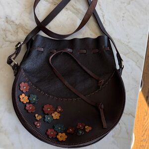 Floral Embellished Brown Leather Bag